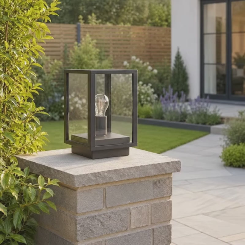 Sem Glass Panel Post Aluminium Lantern — Black