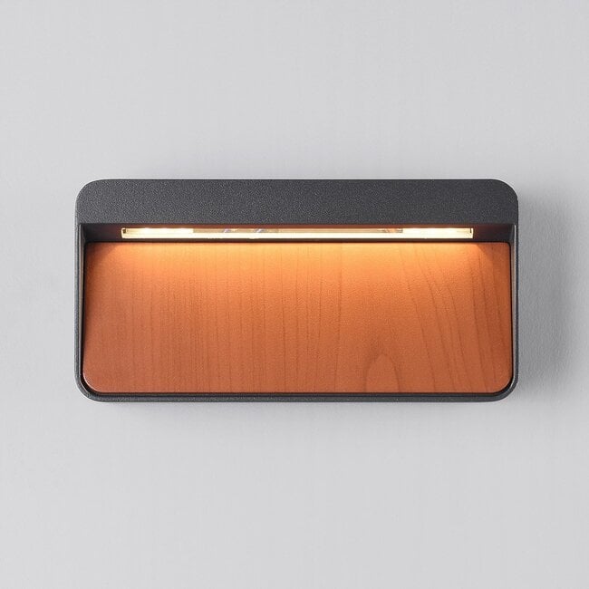 Loren outdoor wall light anthracite wood finish showing dimensions and mounting hardware