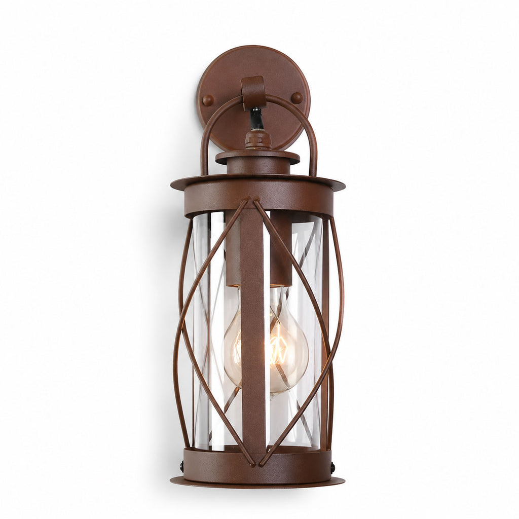 Alicia rustic brown caged wall lantern with clear glass and filament bulb, angled view on white