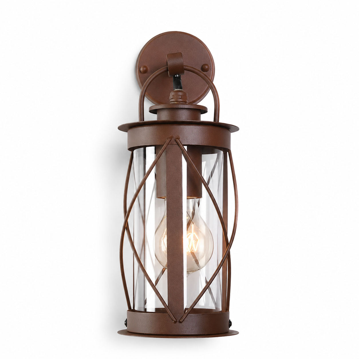 Alicia rustic brown caged wall lantern with clear glass and filament bulb, angled view on white