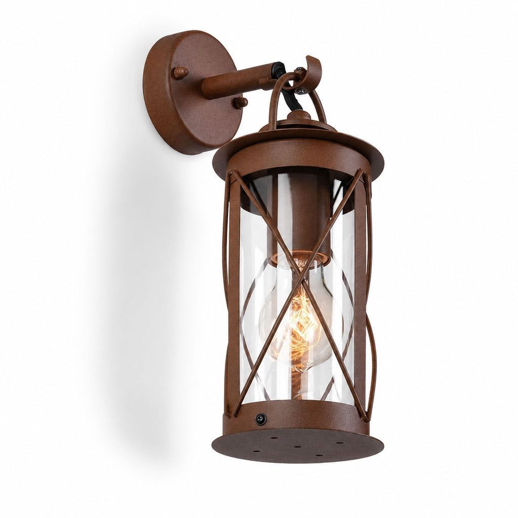 Alicia rustic brown caged outdoor wall lantern with clear glass, front view on white