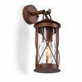 Alicia rustic brown caged outdoor wall lantern with clear glass, front view on white