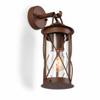 Alicia rustic brown caged outdoor wall lantern with clear glass, front view on white