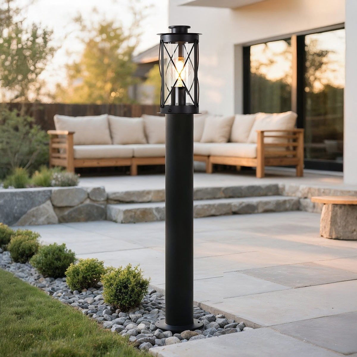 Lucia rustic black bollard post light 80cm height in stainless steel for garden pathways